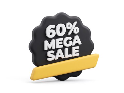 3D render of a black scalloped sale badge featuring 60 percent mega sale text, sixty percent off