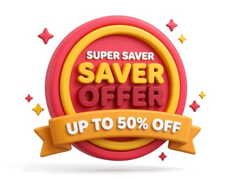 3D Super saver offer badge with 50 percent off discount sticker sale badge promotional label