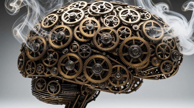 Steampunk brain model with many gears and cogs spins fast. Smoke rises, showing mental overload, brain burnout, stress, or overthinking. Concept of hard work or creative process.