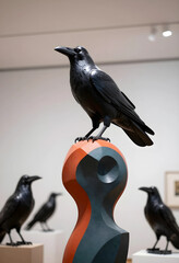 Obraz premium Artistic symbolism and mystery, black raven sculpture perched on abstract geometric pedestal in modern art gallery exhibition with blurred background