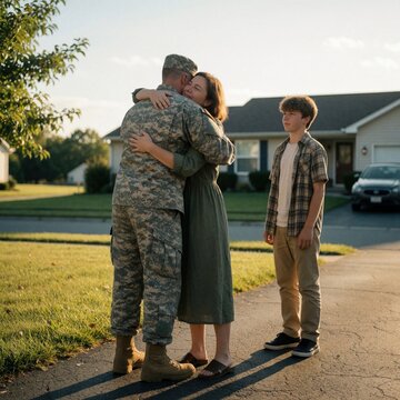 Soldier in uniform hugs wife and son on suburban driveway. Family reunion shows happiness and emotion after long separation. Military member returns home from service.