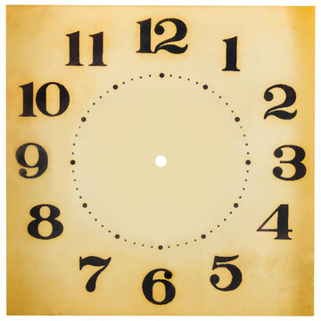 Isolated photo of vintage plastic soviet clock face with bold black numbers.