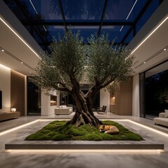 Fototapeta premium Modern luxury villa interior features large olive tree growing indoors on moss bed. Glass ceiling allows night sky view. Fox slepic peacefully on green carpet. Elegant furniture creates serene living