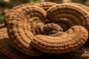 Gigantic shelf fungi cluster on forest floor. Detailed view of large conk mushrooms with brown textured surfaces growing on wood. Nature wild growth pattern abstract.