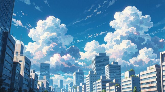Anime style urban landscape with tall buildings under bright blue sky. Large fluffy white clouds float over modern city architecture. Sunny day scene with dreamy aesthetic atmosphere in metropolitan