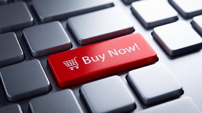 A close-up view of a modern computer keyboard featuring a prominent red button labeled Buy Now with a shopping cart icon, representing e-commerce and retail.