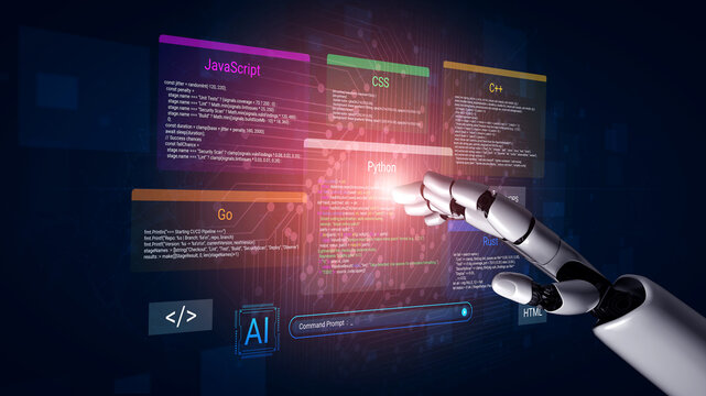 A dynamic visual showcasing a robotic hand interacting with a vibrant digital interface displaying various programming languages in a futuristic tech landscape. Cyphers