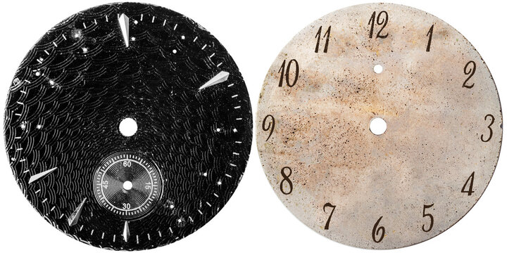 Isolated photo of black fiberglass worn tactical clock or watch face on white background.