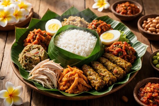 Balinese nasi campur served on banana leaf with rice chicken sate lilit and sambal. A traditional Indonesian meal plate with boiled egg and side dishes.