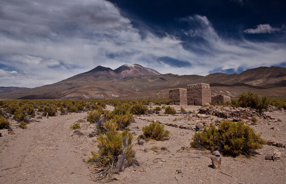 Ancient chullpas burial towers in Altiplano desert landscape Bolivia
