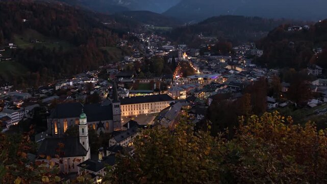 Day to night aerial hyper lapse old town Berchtesgaden at autumn, Bavaria, Germany.