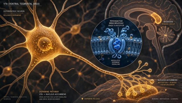 Glowing gold dopaminergic neuron in the ventral tegmental area with a zoomed inset showing blue psychoactive drug molecules binding to a receptor
