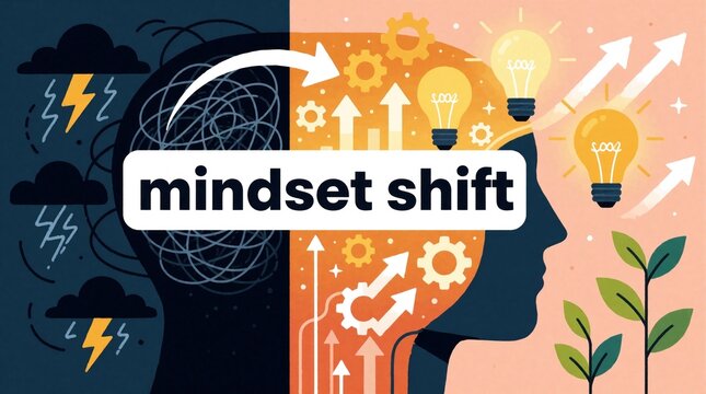 Illustration shows head divided into two halves. Left side shows dark clouds rain lightning, representing negative thoughts. Right side shows bright idea bulbs, growth charts, gears, upward arrows,
