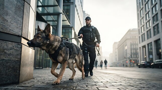 Focused Police Dog Patrol German Shepherd in Urban Streets