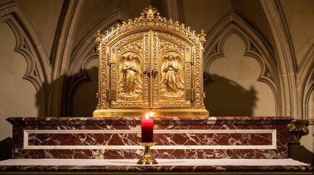 Golden ornate tabernacle on marble altar with lit red candle. Catholic church sanctuary features angel carvings and sacred presence. Divine worship and faith inside holy place.