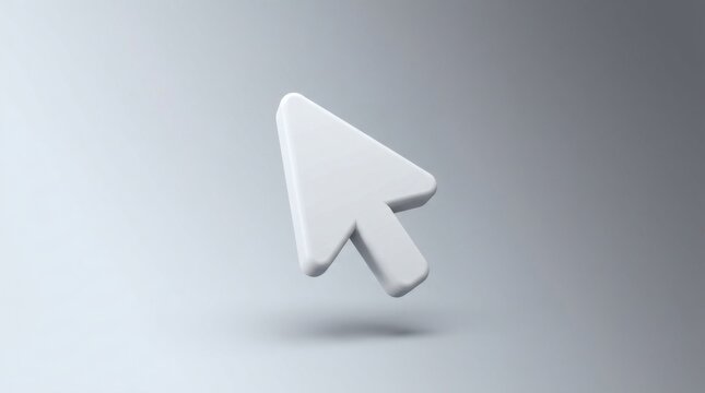 Minimalist 3D white mouse cursor arrow floating over a soft grey gradient background