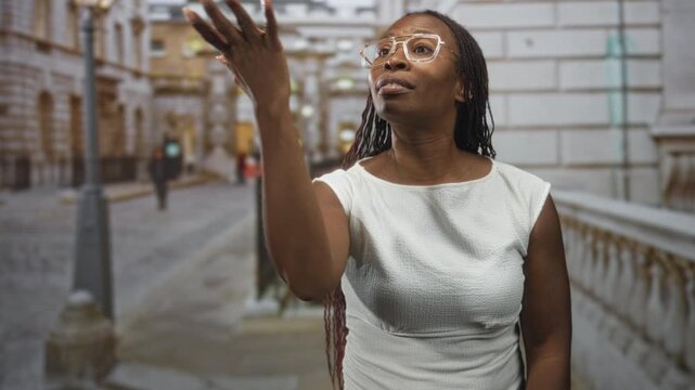 Black woman in white sleeveless dress raises fingers to lips in a blowing kiss gesture while standing near a stone balustrade on a city street; playful confidence.