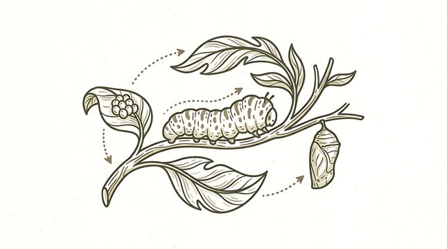 Larva to Cocoon to Seedpod on Vine Branch Illustration