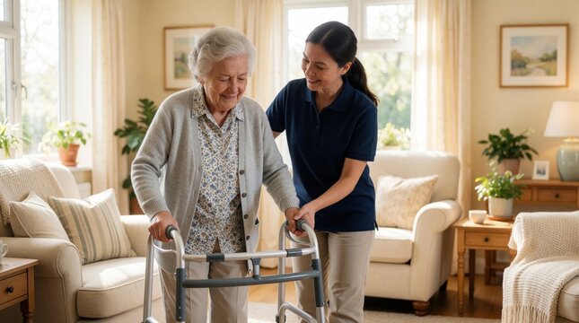 Young female caregiver assists senior woman using walker in bright living room. Pro nurse supports elderly lady with mobility issues at home. Kind aide helps aging patient walk safely inside cozy