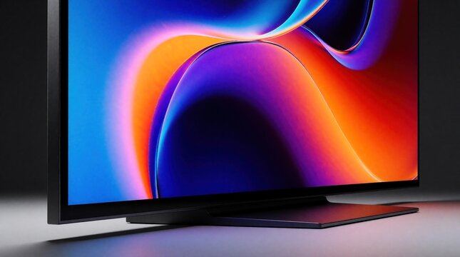 Modern thin tv screen displaying abstract colorful digital art. Sleek contemporary flatscreen monitor for home entertainment viewing. Blank display with bright visuals.