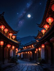 Fototapeta premium Traditional Chinese old town street at night under bright full moon, milky way. Red lanterns hang from wooden house roofs along stone path. Beautiful oriental architecture with mountain view in