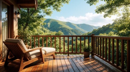 Obraz premium Cozy wooden balcony features comfortable lounge chair with soft pillows. View of scenic green mountains, rich forest from private terrace. Relax on deck during summer vacation at luxury mountain