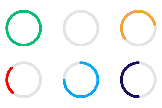 Colorful circular progress indicator icons set. Loading spinner, progress ring, percentage meter, and status indicator vector illustration isolated on transparent background for UI, app designs. PNG