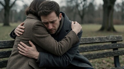 Fototapeta premium Woman hugs distressed man on park bench outdoors. She offers him comfort and support during sad hard time. People share empathy and connection in nature.