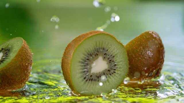 Super Slow Motion Shot of Fresh Kiwi Falling into Water and Making Splash at 1000fps.