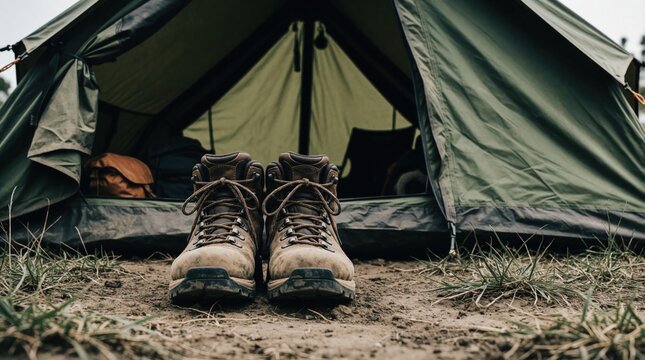 Worn leather hiking boots sit in front of green camping tent entrance. Adventure gear on dirt ground near outdoor shelter. Rugged footwear ready for mountain trekking wilderness camping trip in