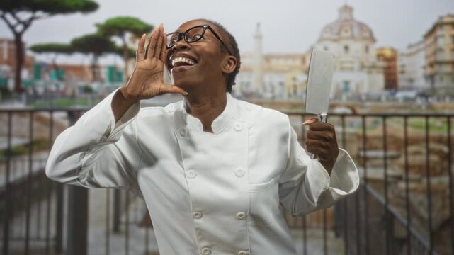 Young woman chef in white uniform holding cleaver and cupping hand to mouth while calling out on a street with historic buildings; celebration joy.