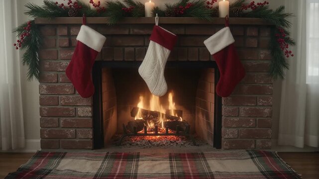 Holiday - Cozy Christmas fireplace with burning logs and stockings hung on the brick mantel decorated with pine garland and candles