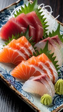 Assorted sashimi platter with fresh tuna, salmon, white fish slices. Raw seafood served on ceramic plate with green shiso leaves, wasabi, radish. Japanese cuisine meal prepared in restaurant for