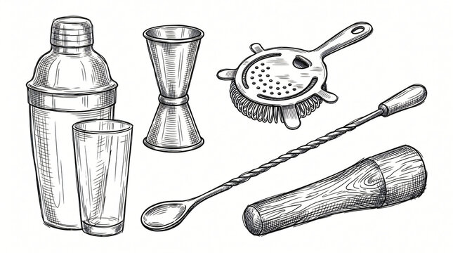 Professional American Bartender Tools Line Art Doodle Element Set Hand Drawn Metal Boston Shaker Mixing Glass Jigger Hawthorne Strainer Bar Spoon Wooden Muddler Cross Hatching Plain White