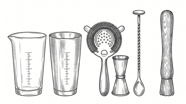 Professional American Bartender Tools Line Art Doodle Element Set Hand Drawn Metal Boston Shaker Mixing Glass Jigger Hawthorne Strainer Bar Spoon Wooden Muddler Cross Hatching Plain White