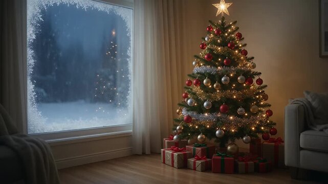 Holiday - Cozy Living Room Decorated for Christmas with Illuminated Tree and Snowy Window View