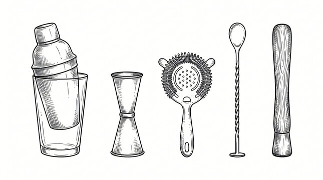 Professional American Bartender Tools Line Art Doodle Element Set Hand Drawn Metal Boston Shaker Mixing Glass Jigger Hawthorne Strainer Bar Spoon Wooden Muddler Cross Hatching Plain White