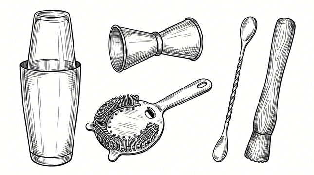 Professional American Bartender Tools Line Art Doodle Element Set Hand Drawn Metal Boston Shaker Mixing Glass Jigger Hawthorne Strainer Bar Spoon Wooden Muddler Cross Hatching Plain White