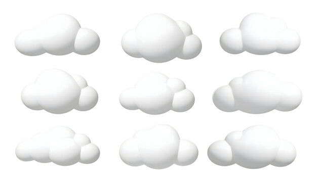 White clouds set featuring nine fluffy weather icons with smooth rounded shapes and soft 3D lighting&nbsp;&nbsp;