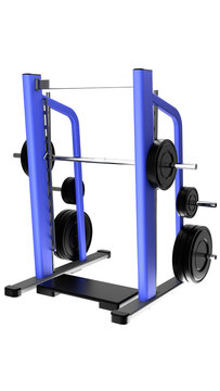 Gym Smith machine with weight plates, on a transparent background. Gym machine for squats and presses, on a transparent background.