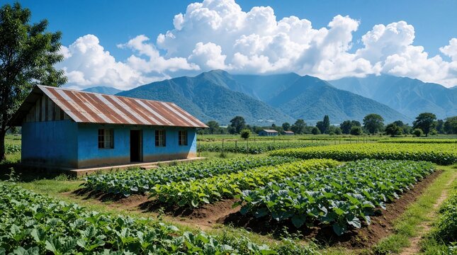 Blue rural schoolhouse sits amidst rich green fields with a majestic mountain backdrop. Sunny day with fluffy white clouds in a clear blue sky.