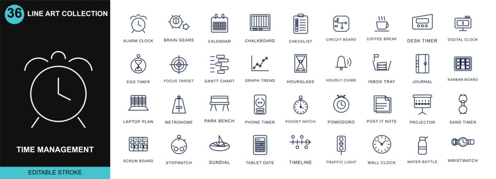 Time management icon set. Contain icons related to productivity, schedule, planning, deadline, calendar, checklist, pomodoro, kanban, gantt chart, and more. Editable stroke