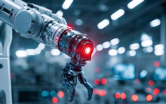 Futuristic industrial robot arm performing complex tasks in a technologically advanced factory setting, featuring a prominent red light indicating operation or status