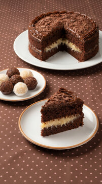bolo de chocolate com cobertura calda de cacau com recheio de coco e leite condensado acompanhado de brigadeiros e doce de beijinho em mesa de festa de anivers&aacute;rio.