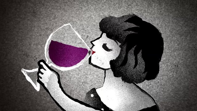 woman sommelier drinking red wine in doodle style