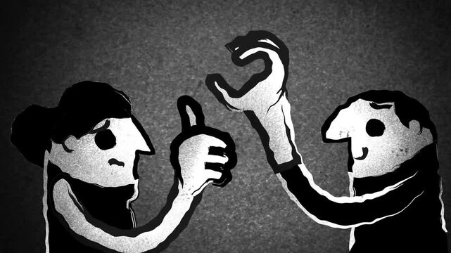 man making a heart gesture to a woman while she puts him in the friend zone