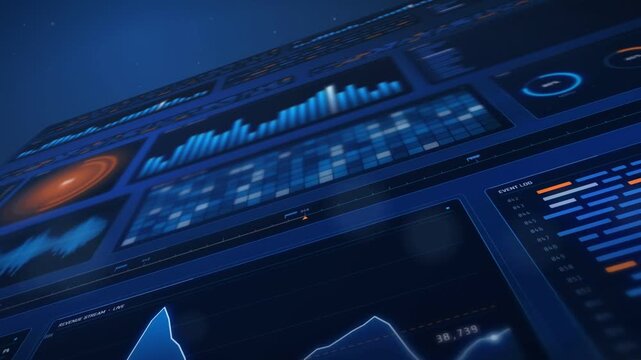 3D data analytics wall with animated bar chart and heatmap grid on dark blue background