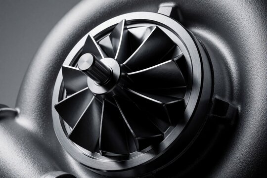 Close up of a turbocharger turbine wheel and shaft. The metal component features sharp blades for increased engine power and performance. Clean automotive part against a neutral background.