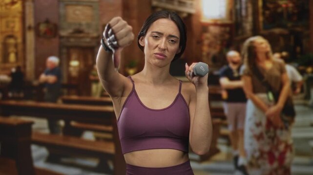 Young hispanic woman wearing purple sports bra holding small dumbbell with thumb down gesture in church; doubt faith disapproval.