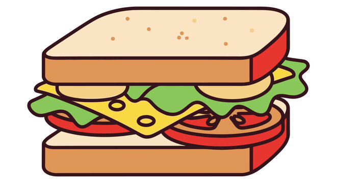 Cartoon sandwich vector illustration, fresh deli sub with cheese and tomato, healthy lunch snack icon for restaurant menus